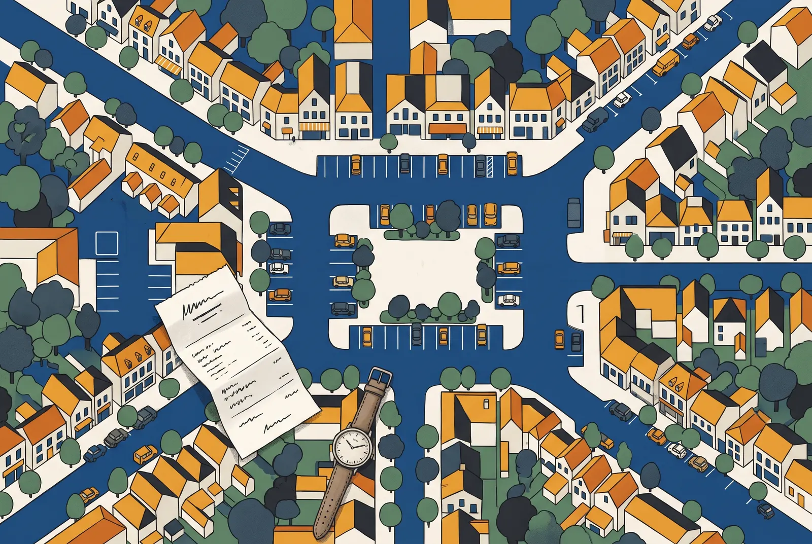 Getekende plattegrond van een stadscentrum met parkeervakken rond een plein, een parkeerbon en een horloge